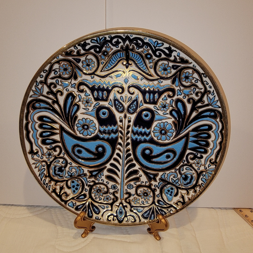 Nassos Rodos-Hellas Keramikos Pottery Plate Blue Gold Birds Raised Texture
